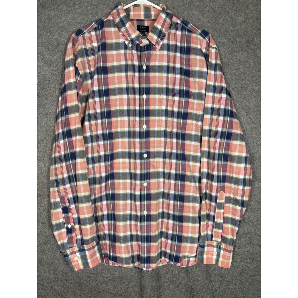 JCrew Summer Plaid Shirt Mens Large L Pink Navy Blue Cotton Button Down 40732